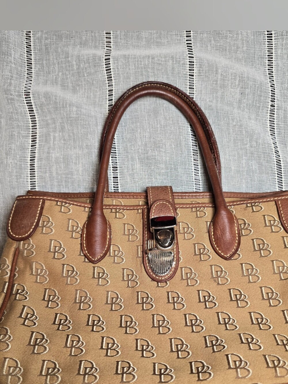 Dooney & Bourke Signature Monogram Satchel with Brown Leather Trim